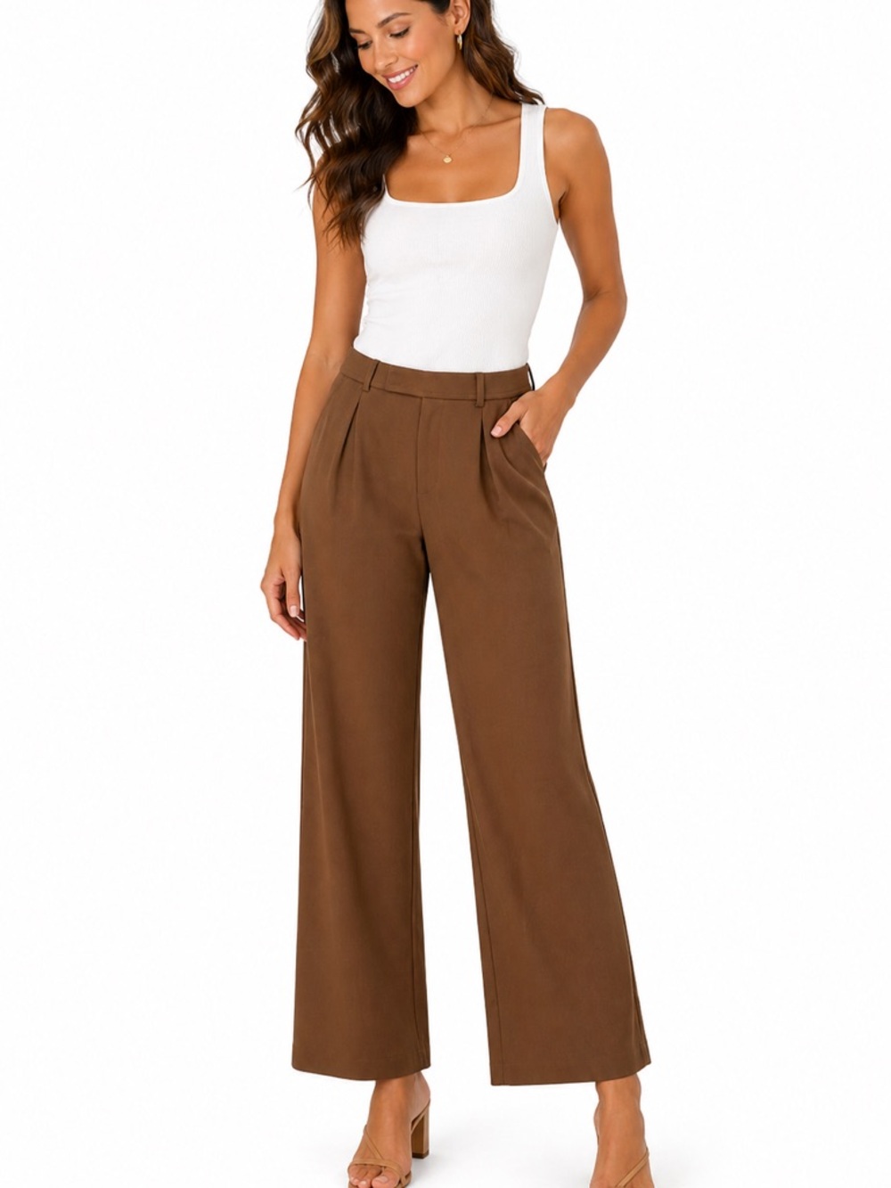 Halara Wide Leg Pants Women’s Large Brown High Rise Stretch Work Trousers